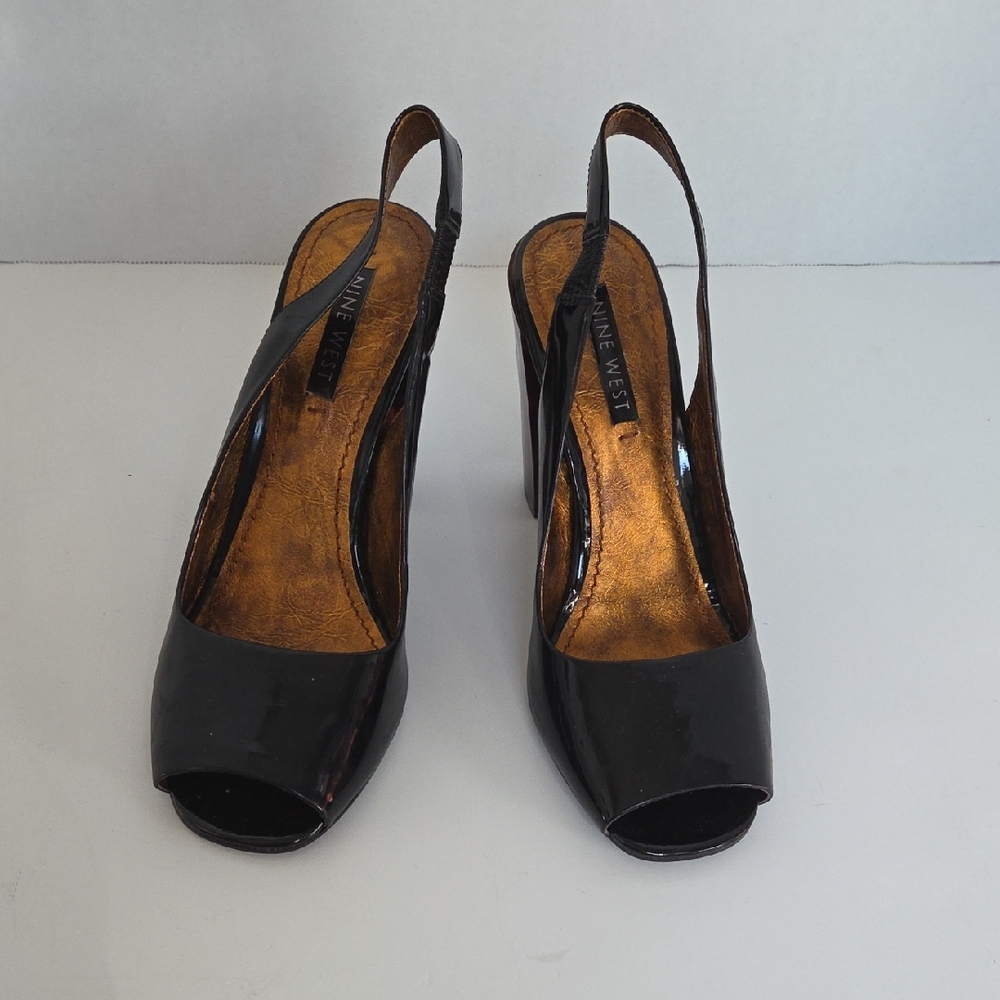 Nine West Black Patent Peep-Toe Slingback Heels - 4 Inch Lucite Heel Tortoise